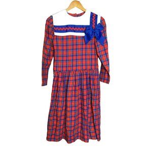 Vintage Mondays Child Girls Plaid Dress Size 12 Red & Blue Cotton Long Sleeve